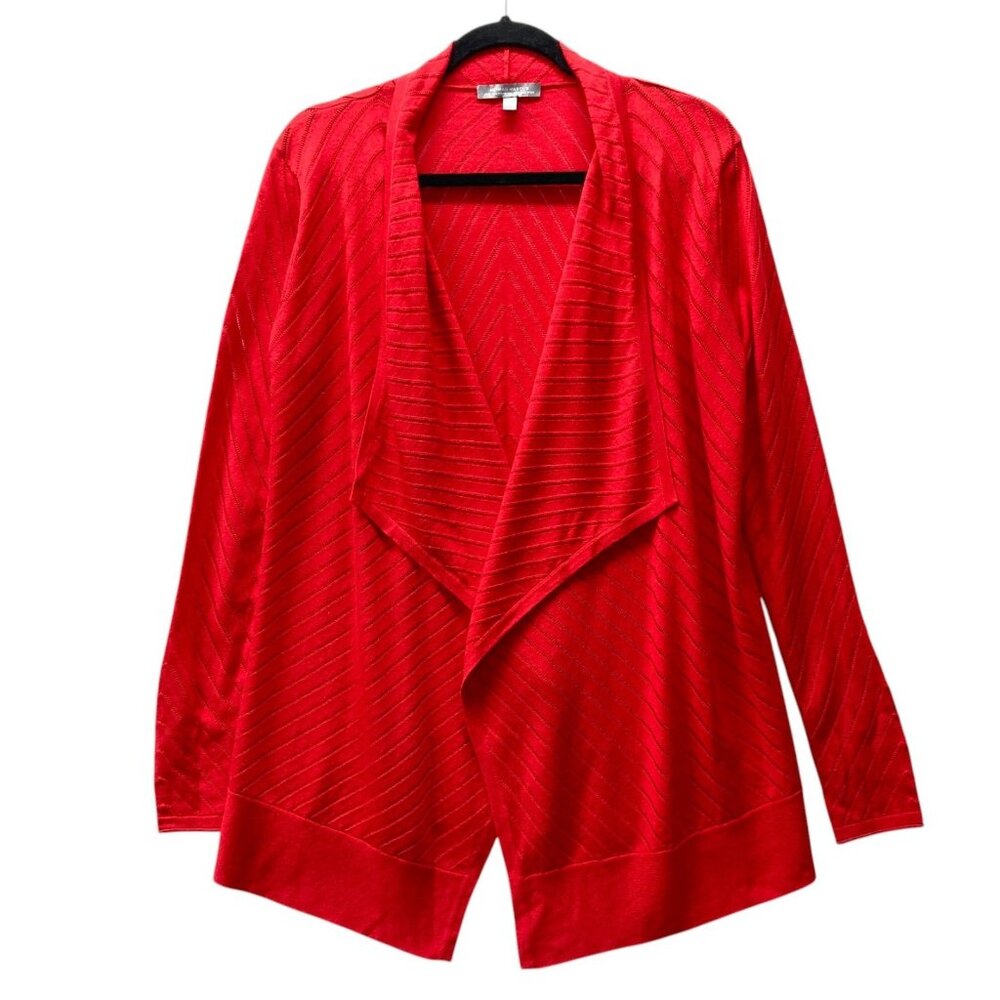 Neiman Marcus Open Pointelle Red Cardigan, Medium, Silk‎ Cashmere Wool Waterfall